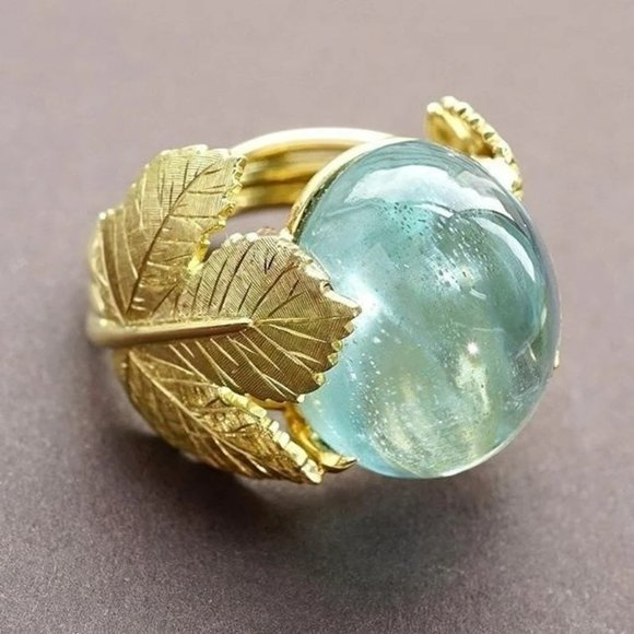 Delicate Gold Metal Leaves Blue Resin Maple Leaf Ring - Picture 2 of 9